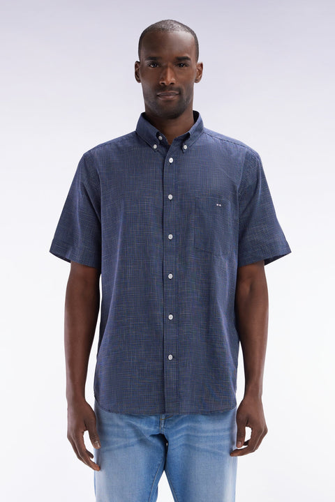 Chemise à manches courtes à microcarreaux en coton indigo coupe droite - Image 1
