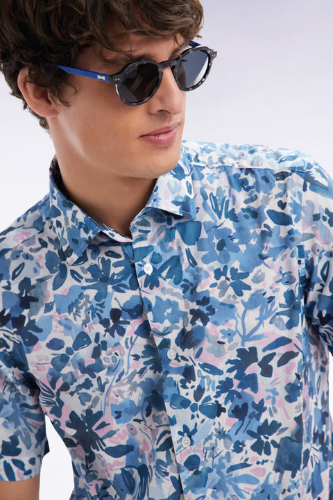 Chemise à manches courtes en coton imprimé floral marine coupe ajustée - Image 3