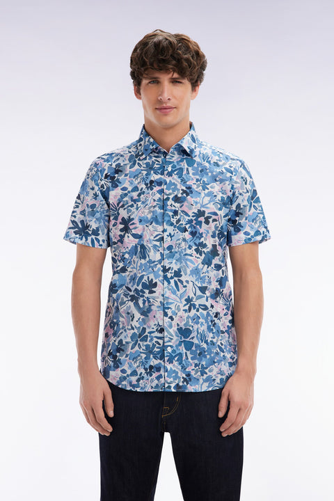 Chemise à manches courtes en coton imprimé floral marine coupe ajustée - Image 1