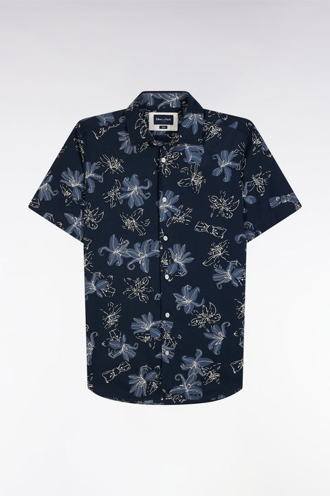 Chemise à manches courtes en coton marine imprimé fleurs coupe ajustée - Image 2