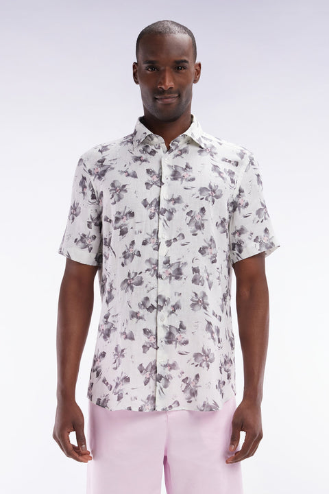 Chemise à manches courtes en lin écru à imprimé floral gris coupe ajustée - Image 1