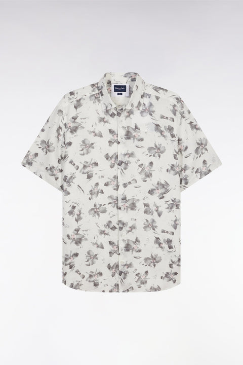 Chemise à manches courtes en lin écru à imprimé floral gris coupe ajustée - Image 2