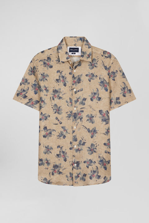 Chemise à manches courtes en lin beige à imprimé floral gris coupe ajustée - Image 2