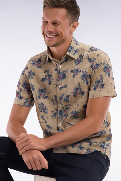Chemise à manches courtes en lin beige à imprimé floral gris coupe ajustée - Image 3