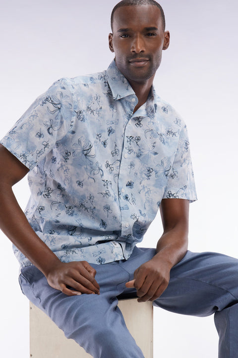 Chemise à manches courtes en coton bleu-gris à imprimé floral coupe ajustée - Image 3