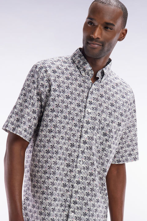 Chemise à manches courtes en coton gris imprimé fleurs graphique coupe droite - Image 3