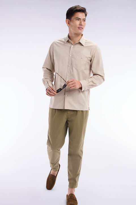 Chemise unisexe en coton et lyocell stretch beige coupe droite - Image 3