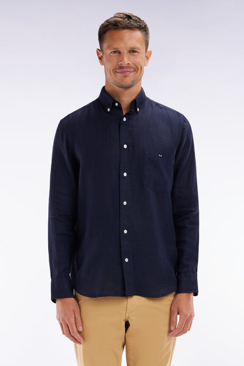 Chemise en lin marine unie coupe droite - Image 1