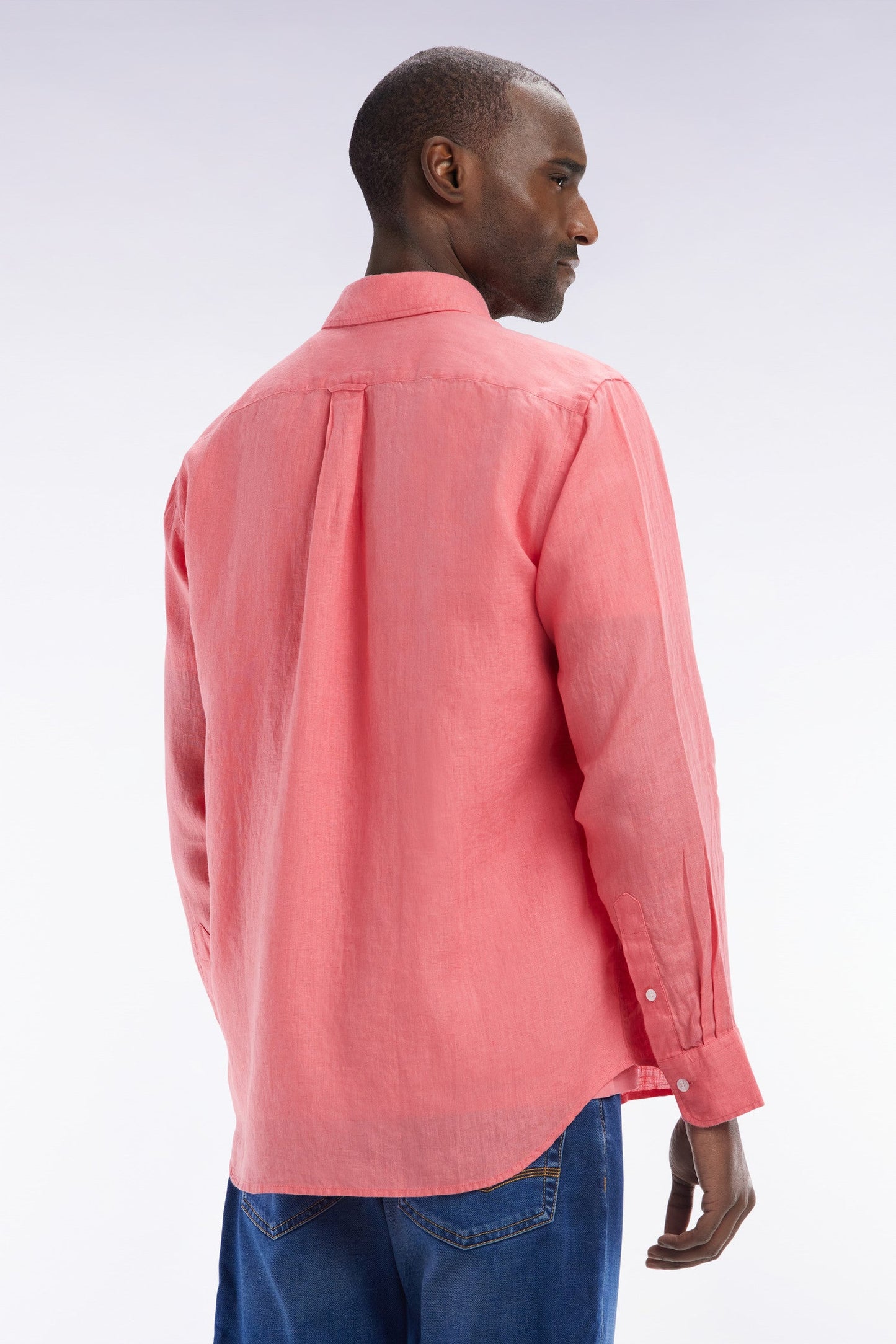 Chemise en lin rose saumon unie coupe droite