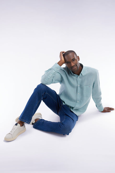 Chemise en lin vert d'eau unie coupe droite - Image 3