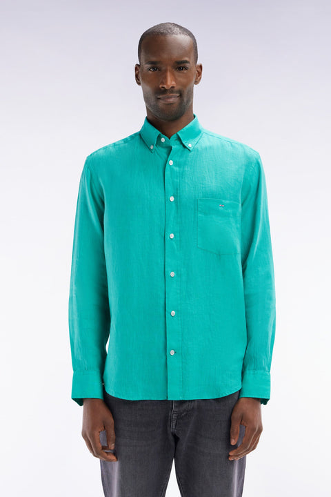 Chemise en lin vert unie coupe droite - Image 1