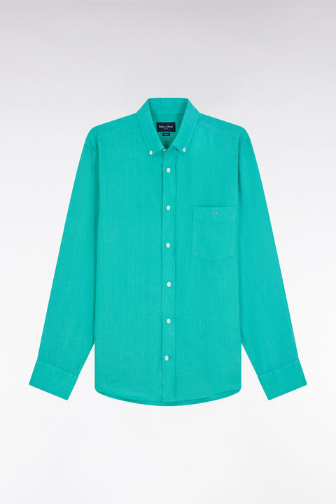 Chemise en lin vert unie coupe droite - Image 2