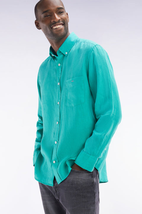 Chemise en lin vert unie coupe droite - Image 3