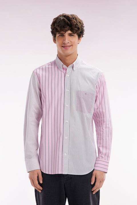 Chemise à rayures bâtons en popeline de coton rose coupe droite - Image 1