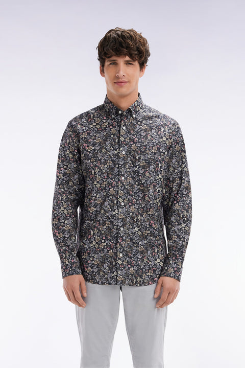 Chemise en popeline de coton Pima à micro imprimé kaki coupe droite - Image 1