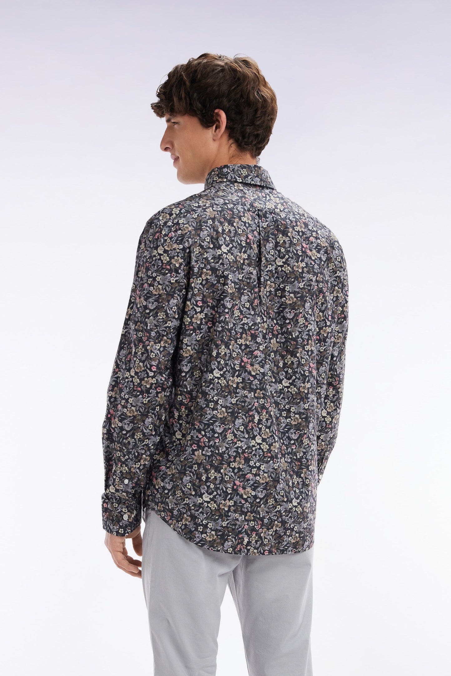 Chemise en popeline de coton Pima à micro imprimé kaki coupe droite