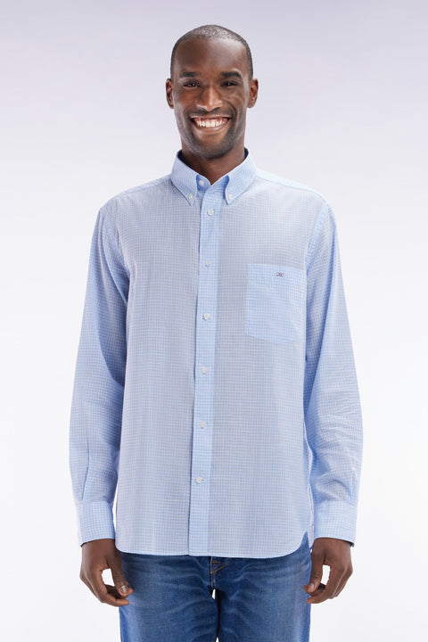 Chemise en popeline de coton à microcarreaux Vichy ciel coupe droite - Image 1