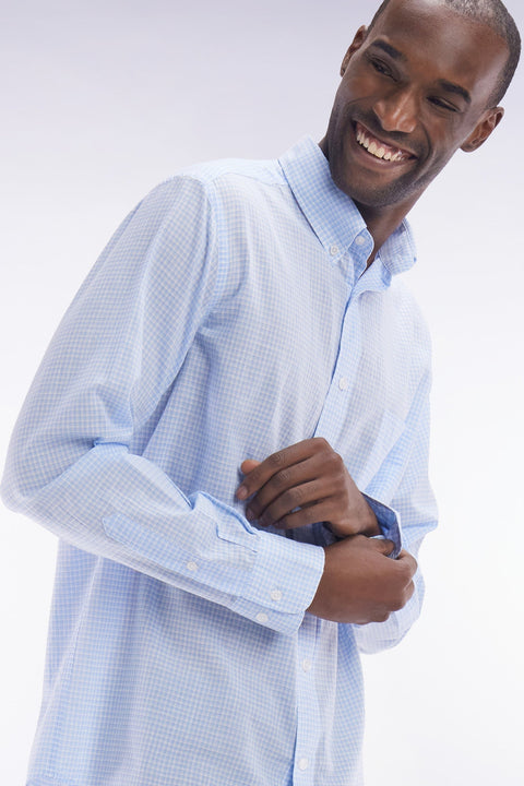 Chemise en popeline de coton à microcarreaux Vichy ciel coupe droite - Image 3