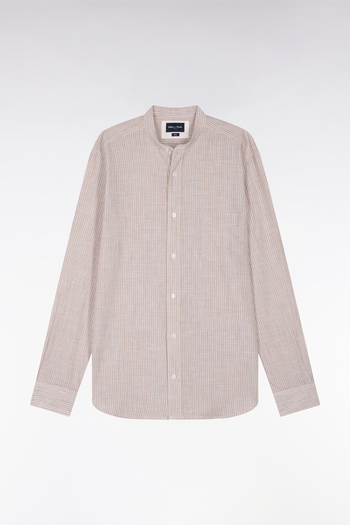 Chemise en coton et lin rayée beige à col Mao coupe ajustée