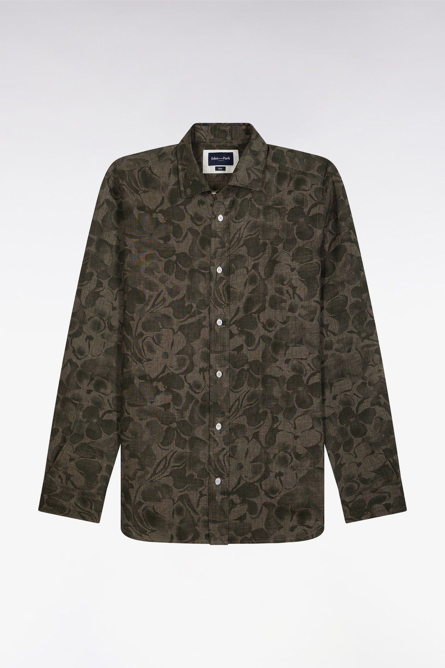 Chemise imprimée en lin kaki coupe ajustée