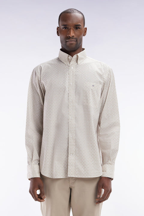 Chemise en popeline de coton à microimprimé graphique beige coupe droite - Image 1