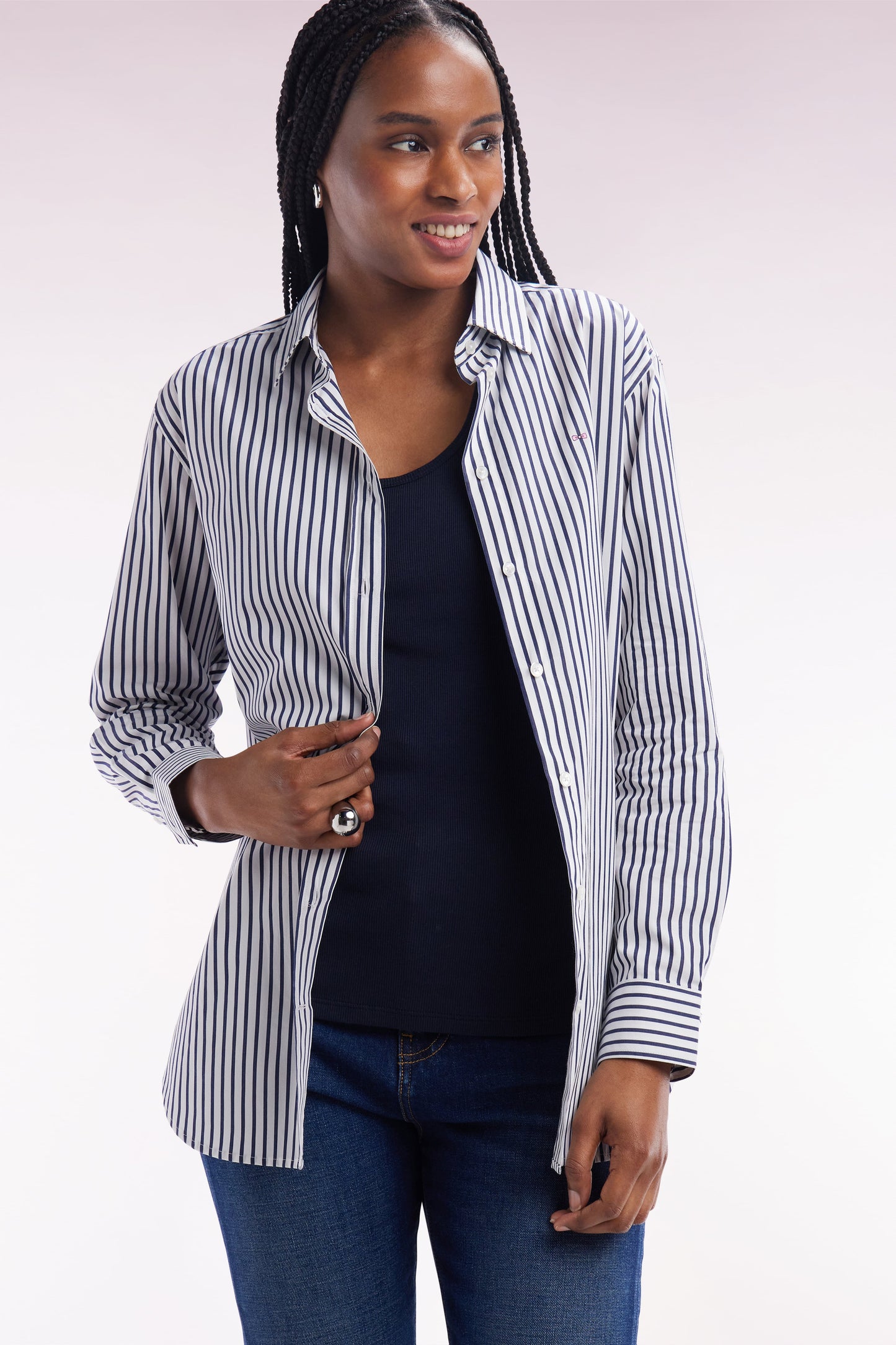 Chemise en coton ciel à rayures bâtons coupe décontractée