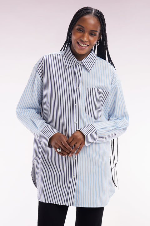 Chemise à patchwork de rayures en coton bleu coupe oversized - Image 1