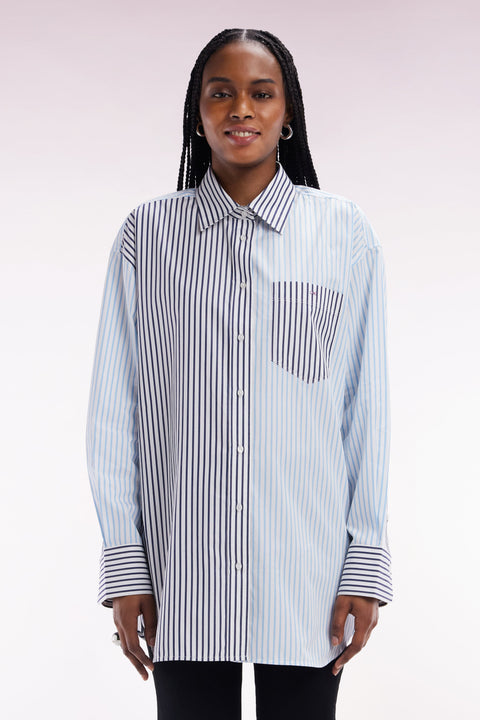 Chemise à patchwork de rayures en coton bleu coupe oversized - Image 3