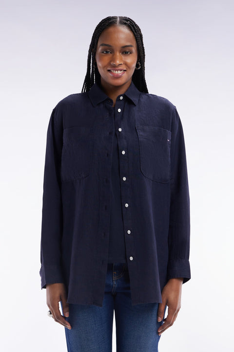 Chemise à poches plaquées en lin marine coupe oversized - Image 3