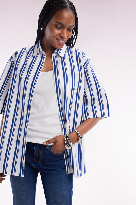 Chemise à manches courtes rayée en coton marine et blanche coupe oversized - Image 1