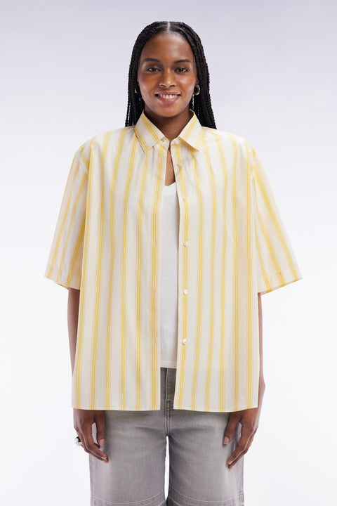 Chemise à manches courtes rayée en coton jaune et blanche coupe oversized - Image 3