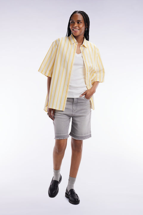 Chemise à manches courtes rayée en coton jaune et blanche coupe oversized - Image 1