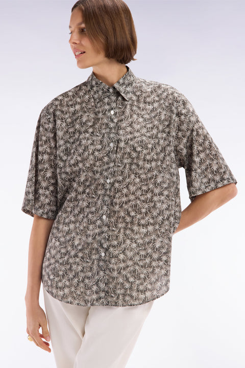 Chemise à manches courtes en coton kaki imprimé palmiers coupe oversized - Image 1