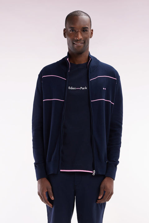 Cardigan col camionneur zippé en coton marine à effet de passepoils roses coupe droite - Image 1