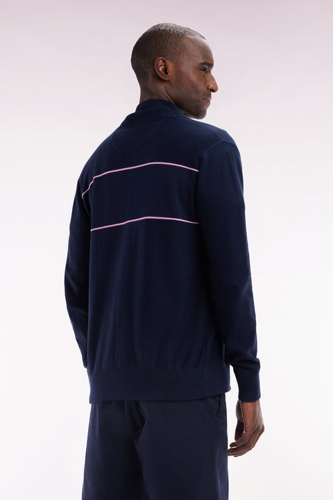 Cardigan col camionneur zippé en coton marine à effet de passepoils roses coupe droite - Image 3