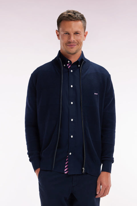 Cardigan zippé en tricot de coton marine coupe droite - Image 1