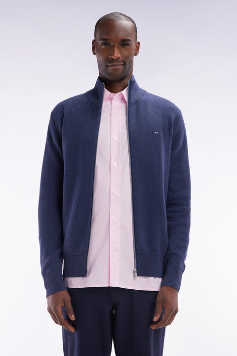 Cardigan zippé en coton nid d'abeille marine coupe droite - Image 1
