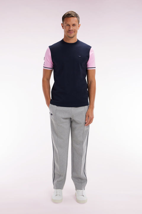 Pantalon jogging en molleton coton stretch gris passepoil marine coupe droite - Image 1