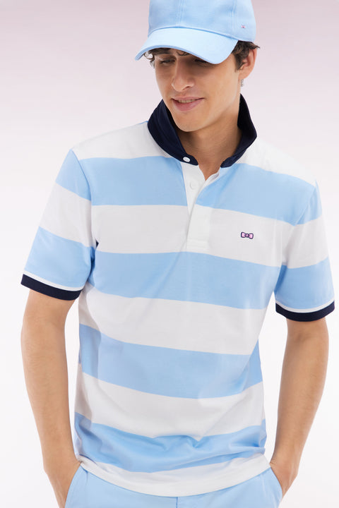 Maillot à manches courtes en coton Pima cerclé ciel et blanc coupe droite - Image 3
