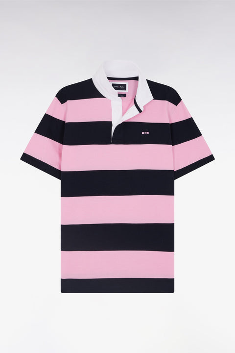 Maillot à manches courtes en coton Pima cerclé rose et marine coupe droite - Image 2