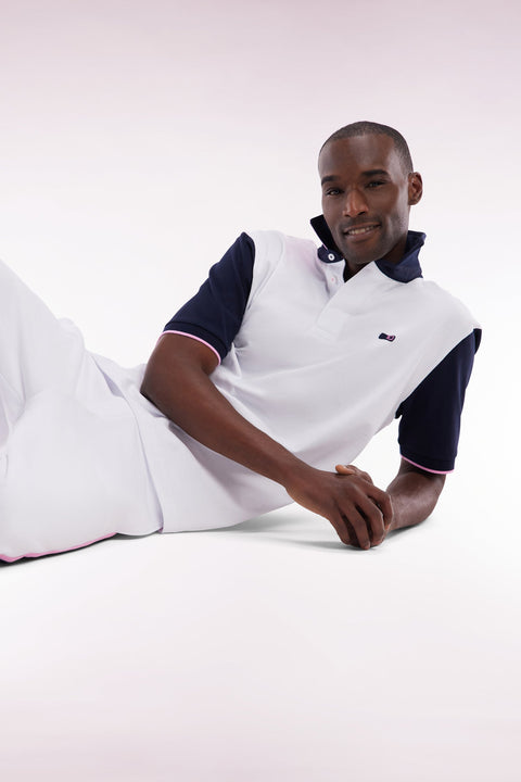 Maillot à manches courtes en coton blanc col bicolore coupe décontractée - Image 3