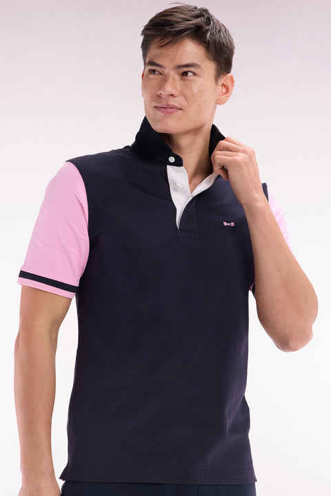 Maillot à manches courtes en coton marine et rose broderie dos coupe droite - Image 3
