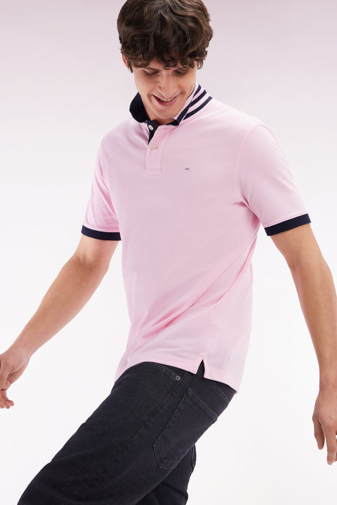 Polo à manches courtes en piqué de coton Pima rose clair dessous de col cerclé coupe droite - Image 3