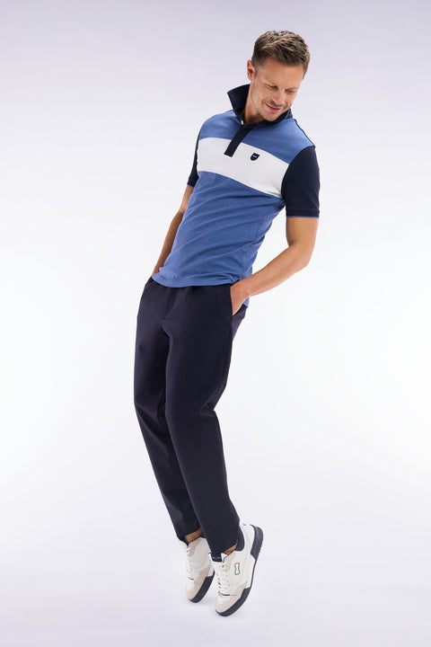 Polo à manches courtes en coton stretch bleu bande contrastée coupe ajustée - Image 3