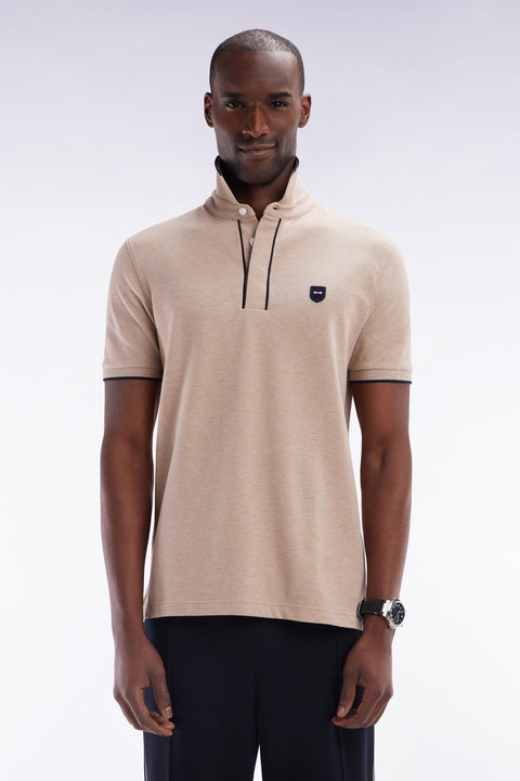 Polo à manches courtes en piqué de coton chiné stretch beige coupe ajustée - Image 1