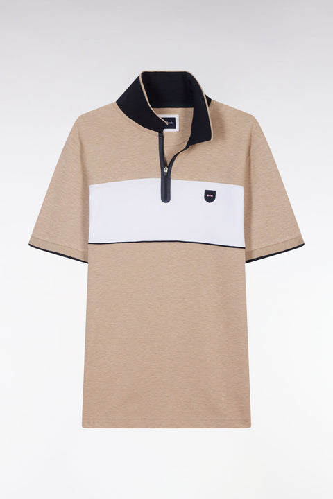 Polo à manches courtes en piqué de coton chiné stretch beige détails contrastés coupe ajustée - Image 2