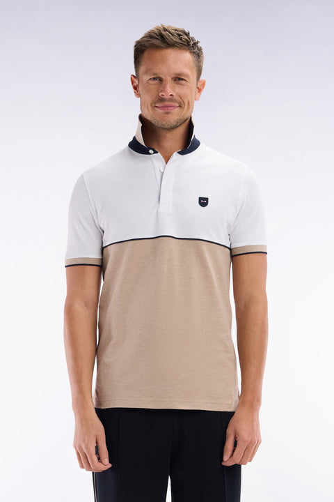 Polo à manches courtes en coton stretch bicolore beige coupe ajustée - Image 1