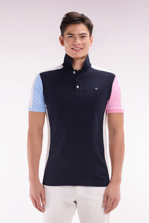 Polo à manches courtes colorblock en coton bleu marine coupe droite - Image 1