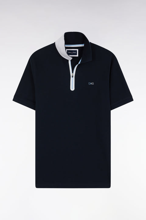 Polo zippé à manches courtes en coton stretch marine coupe ajustée - Image 1