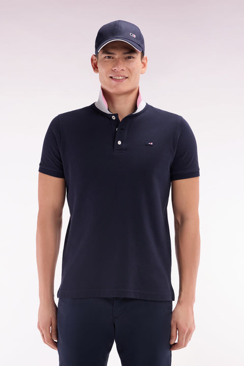 Polo à manches courtes en coton marine col bicolore jacquard Eden Park coupe droite - Image 1